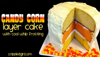 A delicious and fun Candy Corn Layer Cake made with cream cheese #CoolWhipFrosting
